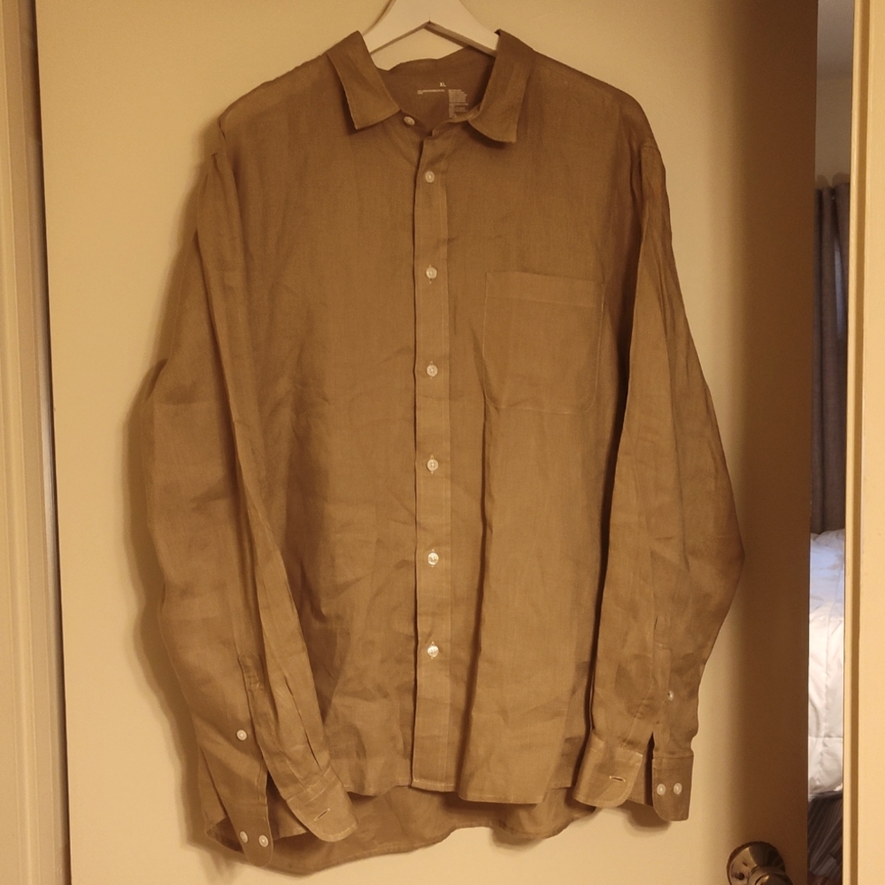 Muji Mens Size XL  Button Down Linen Shirt Beige Long Sleeve